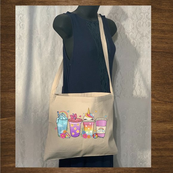 Unicorn Cup Drinks Crossbody Messenger Cotton Canvas Tote Bag with Long Strap - Picture 2 of 6
